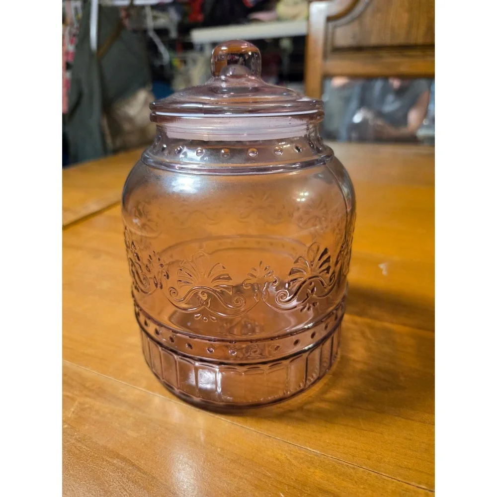The Pioneer Woman Adeline Purple Glass Canister with Lid 8 inch Embossed Plum